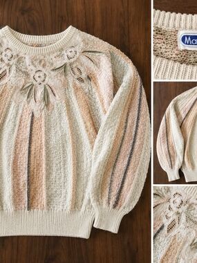 Madeline Lace-Appliqué Cream Striped Crewneck Sweater